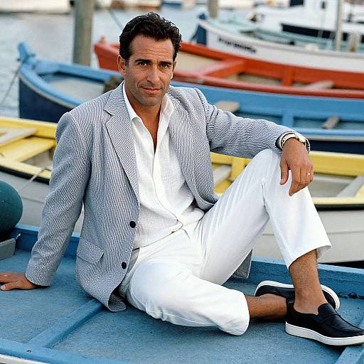 Photograph of a middle-aged man with dark hair, wearing a gray striped blazer, white shirt, and pants, black sneakers, sitting on a