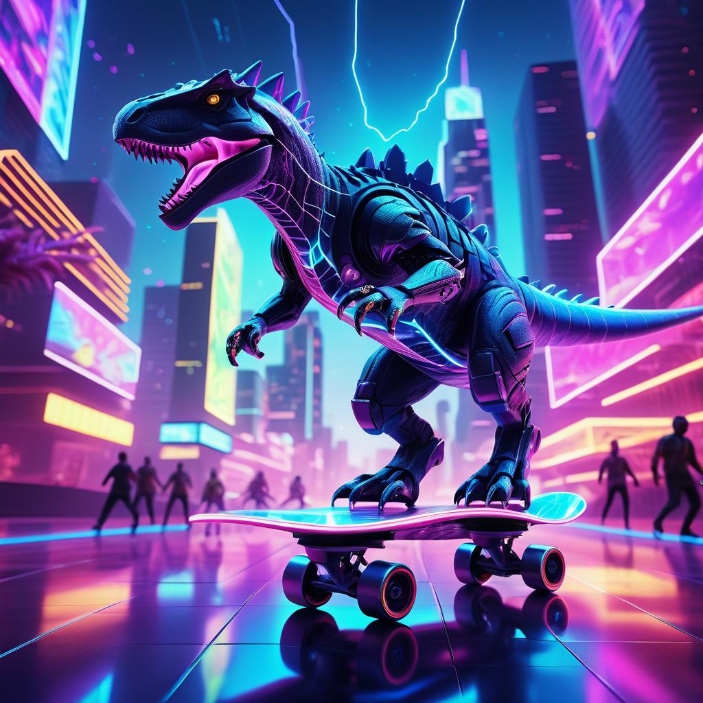 Robotic Dinosaur Skateboarding in Neon City