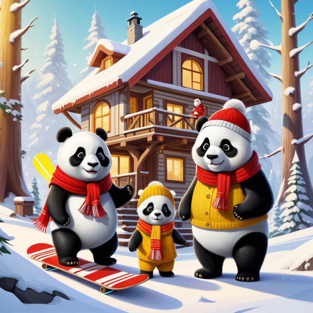 Cozy Panda Family in Snowy Forest