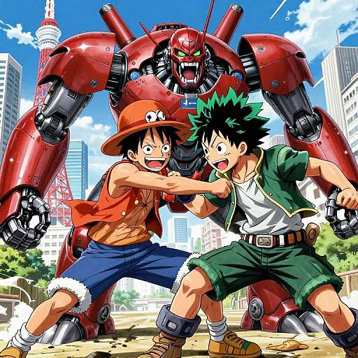 Anime-style illustration of two muscular boys, one in a red hat and vest, the other in green shirt, facing a giant red robot in a city