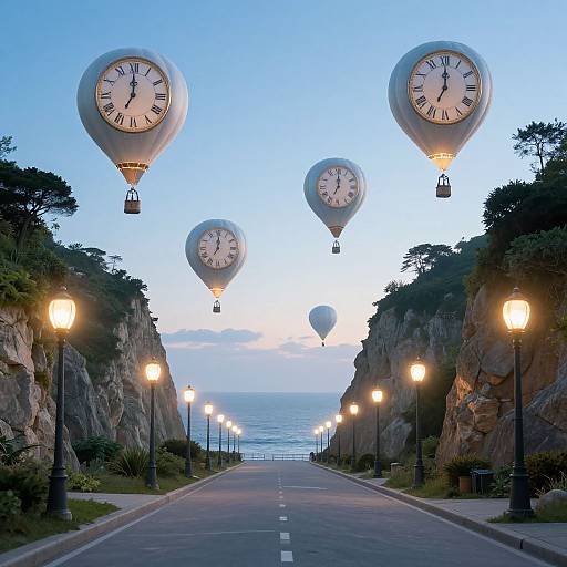 Photograph of a coastal road with illuminated street lamps, cliffs on both sides, and five large, floating clock balloons in the sky at dusk.