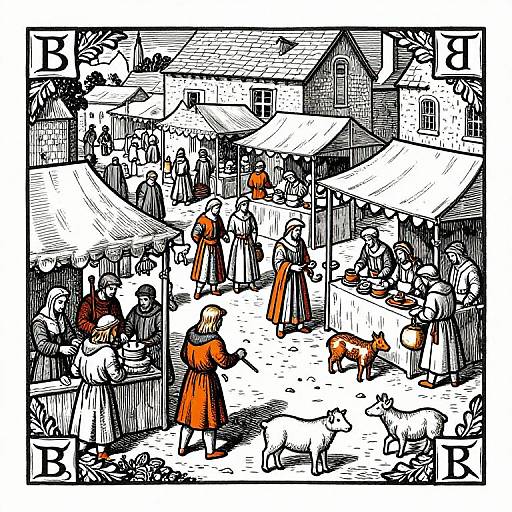 Black-and-white digital drawing of a bustling medieval market with people, tents, animals, and villagers; framed by bold 
