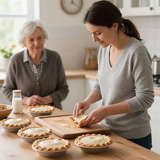 Photograph of a young woman with dark hair in a gray sweater, making a pie while an older woman with white hair watches, in a bright,