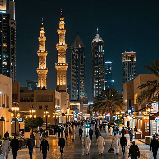 Photograph of a nighttime urban scene in a Middle Eastern city, featuring illuminated minarets, modern skyscrapers, and people in traditional white robes