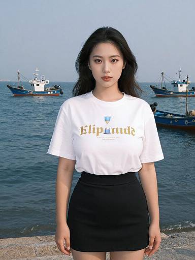 Photograph of an Asian woman with long black hair, wearing a white 