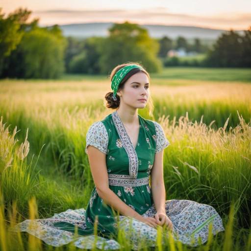 Woman in Green Dress Sitting in Lush Field