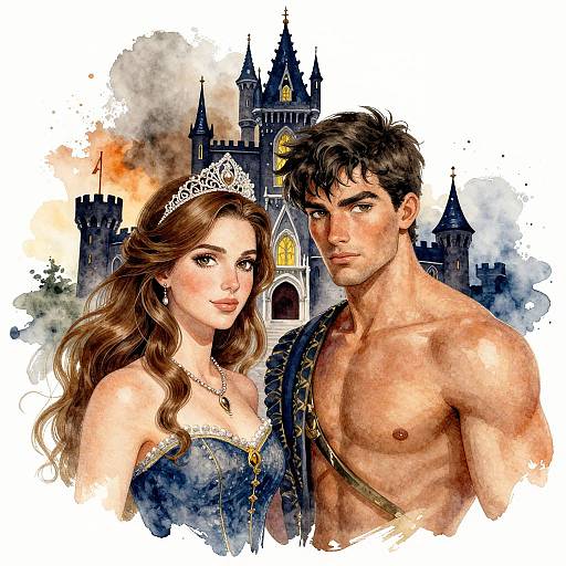 Watercolor Painting of Prince and Princess with Castle