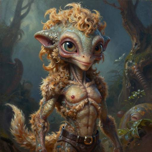 Digital fantasy artwork of a muscular, anthropomorphic, reptilian creature with curly orange hair, large eyes, and fur-covered chest, standing in a dark