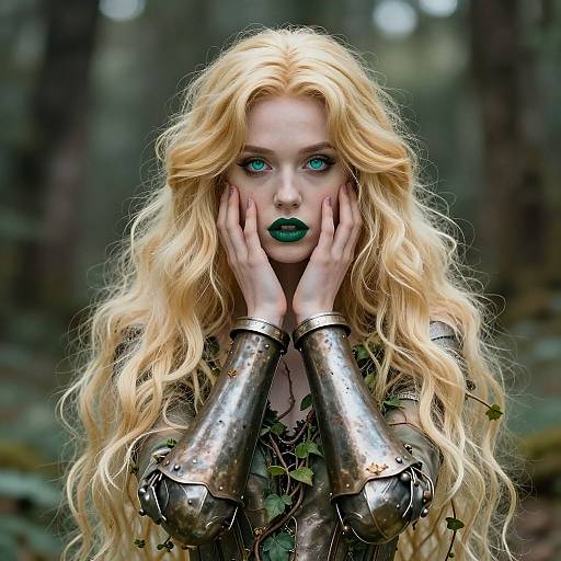 Digital painting of a fair-skinned, blonde woman with long, wavy hair, green eyes, and dark green lipstick. She wears metallic armor,