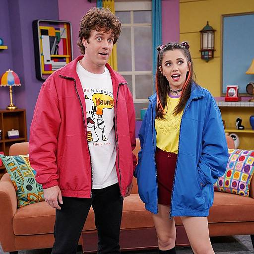 Photograph of a surprised young man in a red jacket and white shirt, standing beside a young woman in a blue jacket and yellow shirt, in a