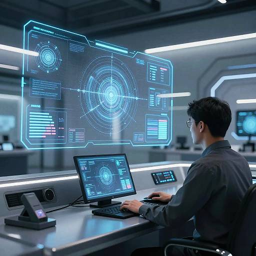 Photograph of a man with dark hair and glasses, sitting at a sleek, futuristic desk, working with holographic blue interface screens and laptops in a