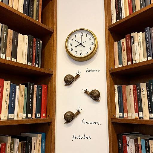 Photograph of a library wall with a clock, three snail ornaments labeled 