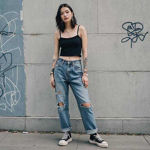 Young Woman in Low Rise Baggy Jeans and Black Crop Top