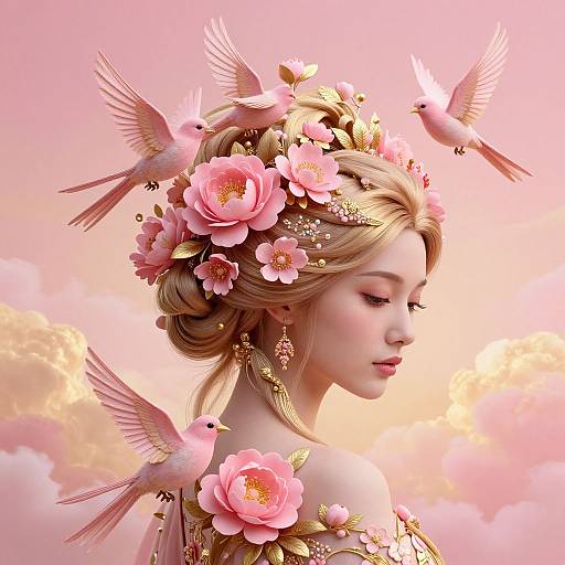 Digital art of a fair-skinned, blonde woman with pink flower crown, surrounded by pink birds, against a pink and yellow sky.