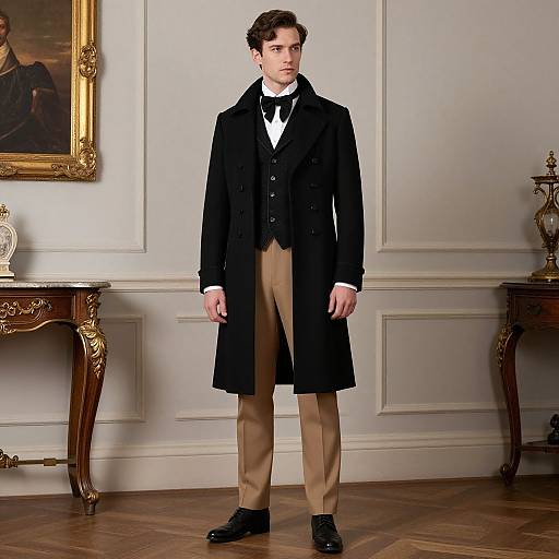 Photograph of a young white man in Victorian attire: black overcoat, white shirt, black waistcoat, brown trousers, black shoes, standing in