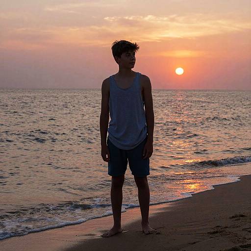 Photograph of a young man in a gray tank top and shorts standing on a beach at sunset, silhouetted against a vibrant orange and pink