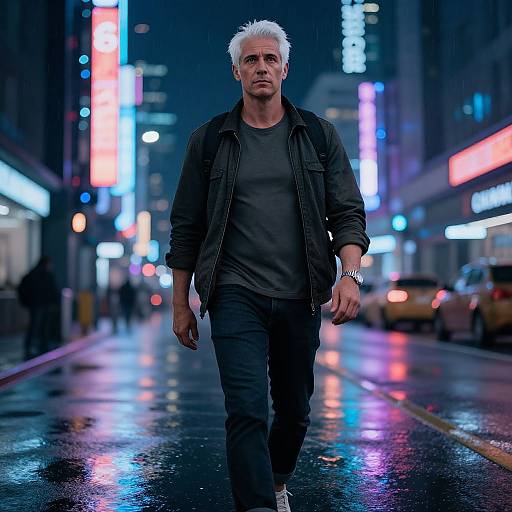 Photograph of a white-haired man with a serious expression, wearing a black jacket and gray shirt, walking on a wet, neon-lit urban street