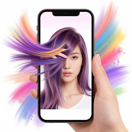 Photograph of a hand holding a smartphone displaying a young woman with purple hair, partially covering her face, against a vibrant, rainbow-colored background.