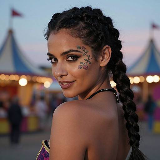 Photograph of a dark-haired woman with braided hair, cherry flower facial design, and a strapless top, looking over her shoulder at a colorful