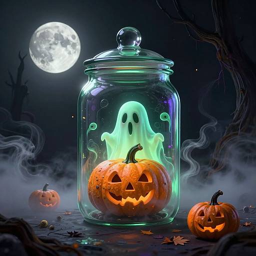 Photorealistic digital art of glowing green ghost in glass jar over carved pumpkin, moonlit night, fog, two additional jack-o'-lanterns
