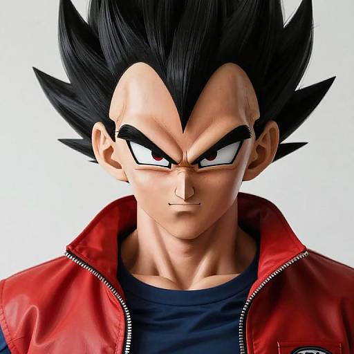 Digital artwork of Goku from Dragon Ball, with spiky black hair, red jacket, and intense expression, against a plain white background.