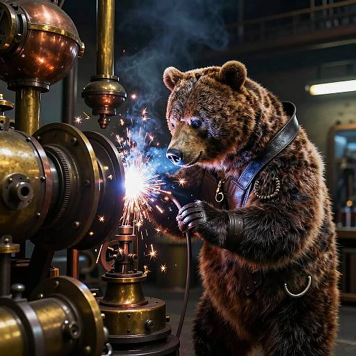 Photorealistic digital artwork: A brown bear in a leather harness sparks a welding torch, surrounded by bright sparks and industrial machinery.
