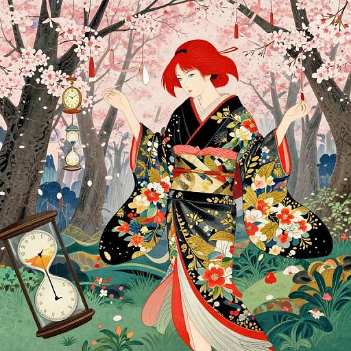 Digital illustration of a red-haired woman in a black floral kimono, hanging clocks, surrounded by cherry blossoms and grass, in a serene forest.