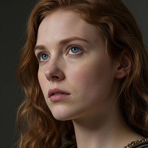 Close-up photograph of a fair-skinned woman with wavy auburn hair, blue eyes, and subtle makeup, looking upward with a thoughtful expression