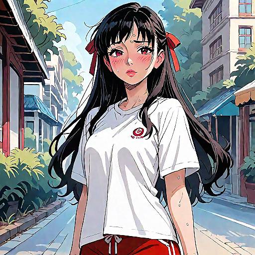 Anime-style digital drawing of a blushing, long-haired girl with black hair, red ribbon, white t-shirt, and red pants, standing on a