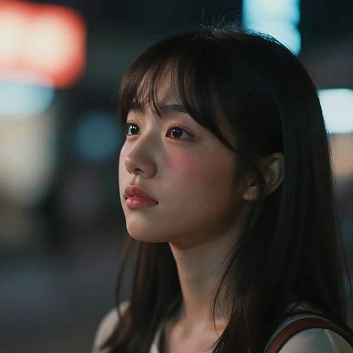 Photograph of a young Asian woman with long black hair, soft light brown skin, and pink lips, gazing thoughtfully into the night city lights
