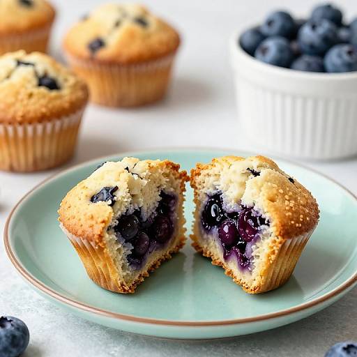 Photograph of two blueberry muffins with a golden crust and purple-blue berry centers on a green plate, with blurred background of more muffins and