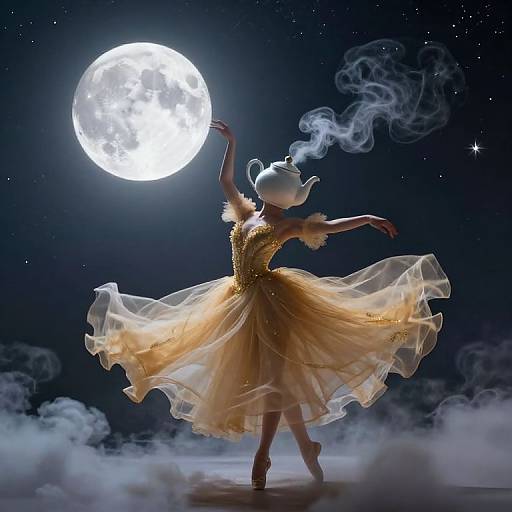 A silhouetted ballerina in a golden, flowing dress touches a glowing full moon, surrounded by swirling smoke against a starry night sky