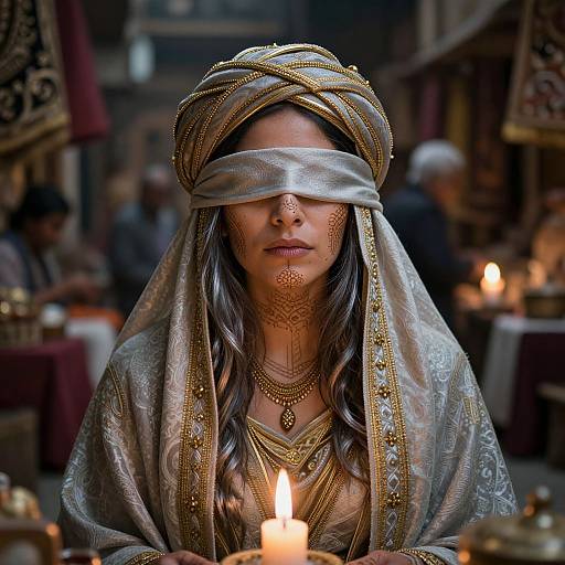 Photograph of a blindfolded woman in ornate, silver and gold Middle Eastern attire, surrounded by candlelight in a dimly lit market.