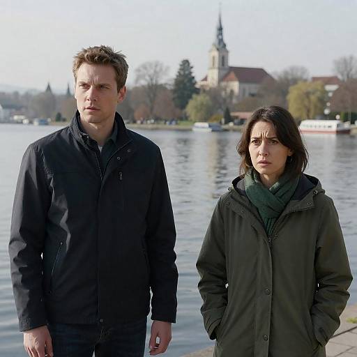Photograph of a serious-looking man and woman in black jackets standing by a lake, with a church and trees in the background.