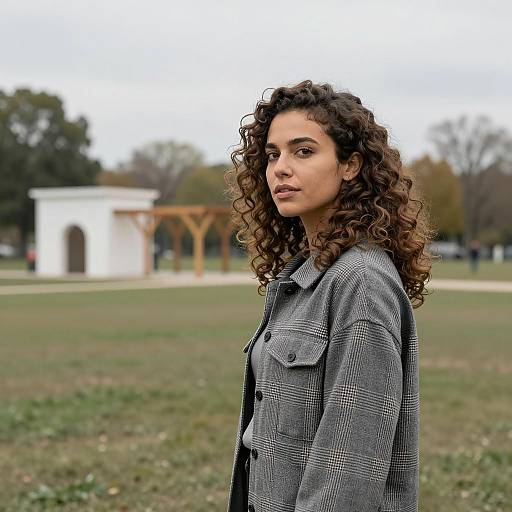 Woman with Curly Hair in Gray Plaid Jacket in Park