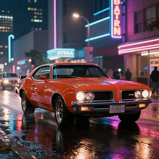 Photograph of a bright orange vintage muscle car with its headlights on, driving on a wet urban street at night, surrounded by neon-lit buildings and