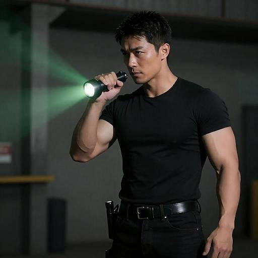 Muscular Man Holding Flashlight in Industrial Setting