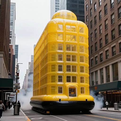 Inflated yellow building resembling a classic streetcar, surrounded by urban buildings, with people walking on the sidewalk, steam rising. Photographic image.