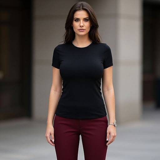 Photograph of a confident brunette woman with long hair, wearing a black t-shirt, maroon pants, and a watch, standing in an urban setting