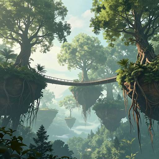 Digital artwork of a mystical, foggy forest with towering trees, lush greenery, and a wooden suspension bridge connecting floating islands.