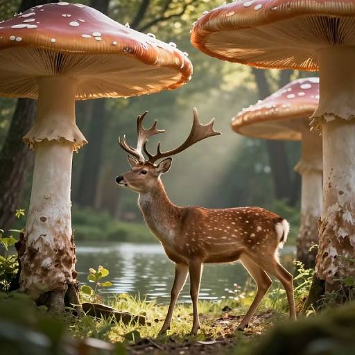 Photograph of a brown deer with antlers standing under giant, red-capped mushrooms with white spots, in a sunlit forest by a reflective stream