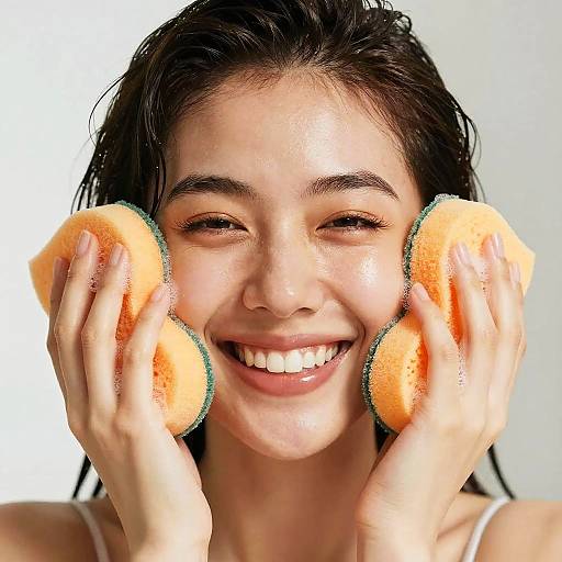 Smiling Woman with Bright Bath Sponges