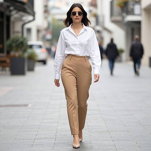 Photograph of a stylish woman with dark hair, wearing a white button-up shirt, tan high-waisted pants, and nude heels, walking confidently