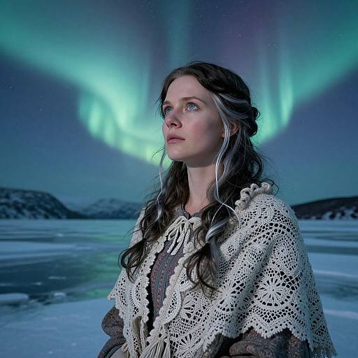 Photograph of a young woman with long brown hair, wearing a white crocheted shawl, standing in a snowy landscape under vibrant green aurora