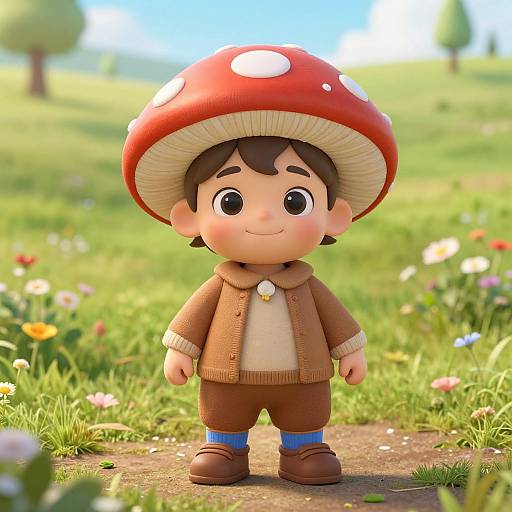 Cute CGI child with brown hair, large red mushroom hat, brown jacket, and brown pants, standing in a colorful meadow.