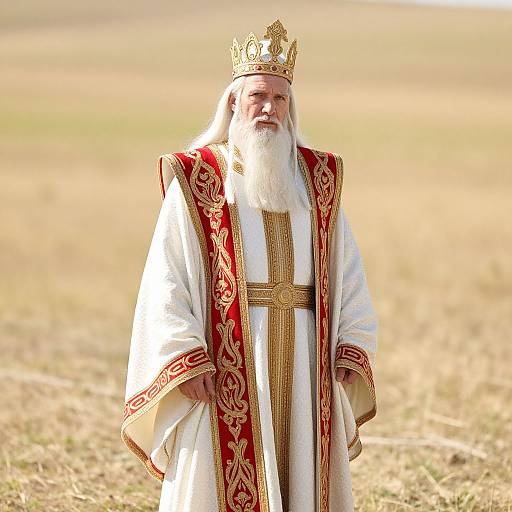 Photograph of an elderly white man with a long white beard, wearing a gold crown and ornate white and red religious robe, standing in a sun