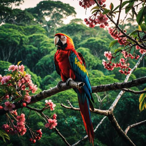Vibrant Macaw on Blossoming Plum Branches Vibrant Macaw on Blossoming Plum Branches