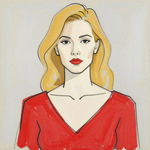 Digital drawing of a blonde woman with red lips and red V-neck top, set against a white background, using bold, colorful lines.