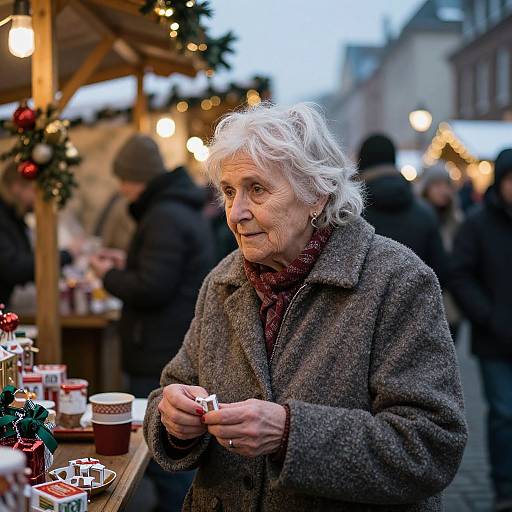 Photograph of an elderly woman with white hair, wearing a gray wool coat, holding a Christmas ornament, at a festive outdoor market. Blurred background