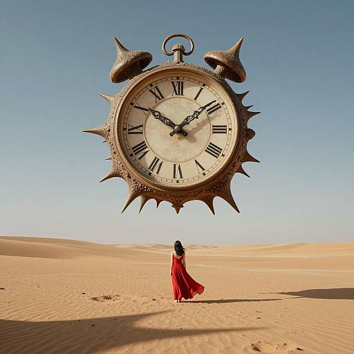 Photograph of a woman in a flowing red dress standing in a desert, looking up at a large, spiked, floating vintage clock against a clear blue